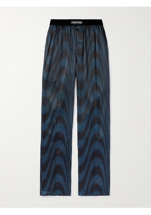 TOM FORD - Velvet-Trimmed Printed Stretch-Silk Satin Pyjama Trousers - Men - Blue - S