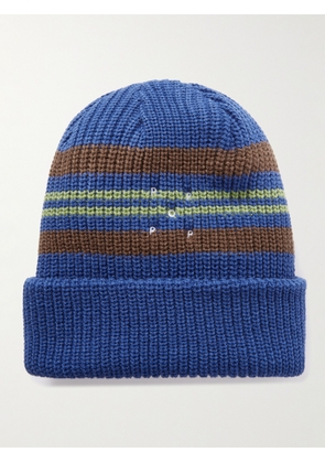 Pop Trading Company - Logo-Embroidered Striped Ribbed-Knit Beanie - Men - Blue