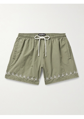 Cherry Los Angeles - American Classic Straight-Leg Mid-Length Embroidered Swim Shorts - Men - Green - XS