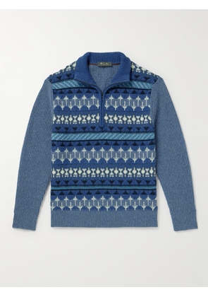 Loro Piana - Fair Isle Ribbed-Knit Cashmere Half-Zip Sweater - Men - Blue - IT 48