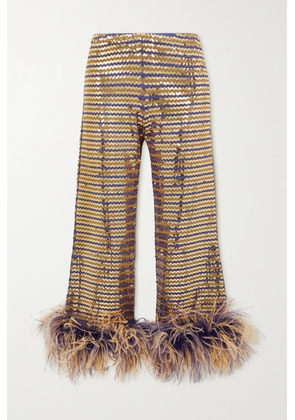 Valentino Garavani - Cropped Feather-trimmed Sequined Lurex Wide-leg Pants - Gold - small,medium,large,x large