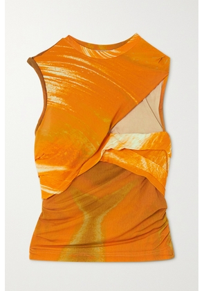 SIMKHAI - Terra Asymmetric Draped Printed Jersey Top - Orange - x small,small,medium,large,x large