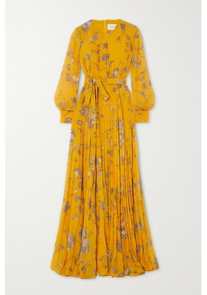 Erdem - Belted Pleated Floral-print Voile Gown - Yellow - UK 6,UK 8,UK 10,UK 12,UK 14,UK 16,UK 18,UK 20