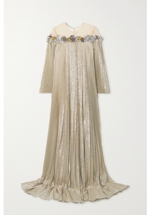 Oscar de la Renta - Embellished Metallic Plissé-lamé Gown - Silver - x small,small,medium,large,x large