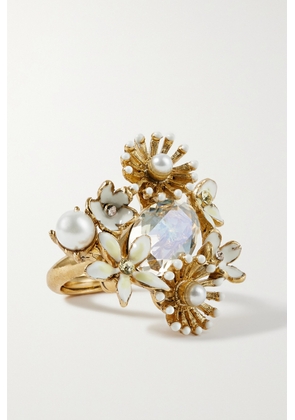 Oscar de la Renta - Bloom Gold-tone, Crystal, Enamel And Faux Pearl Ring - Ivory - One size