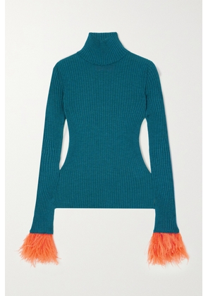 La DoubleJ - Feather-trimmed Ribbed Cashmere And Silk-blend Turtleneck Sweater - Blue - xx small,x small,small,medium,large,x large