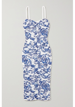 L'AGENCE - Caprice Ruched Printed Stretch-tulle Midi Dress - Blue - US0,US2,US4,US6,US8,US10,US12,US14