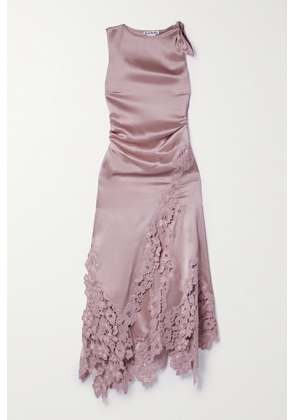 Acne Studios - Asymmetric Corded Lace-trimmed Gathered Satin Midi Dress - Pink - EU 32,EU 34,EU 36,EU 38,EU 40,EU 42