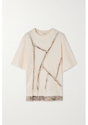 Dries Van Noten - Helena Frayed Brocade-trimmed Cotton-blend T-shirt - Ecru - x small,small,medium,large