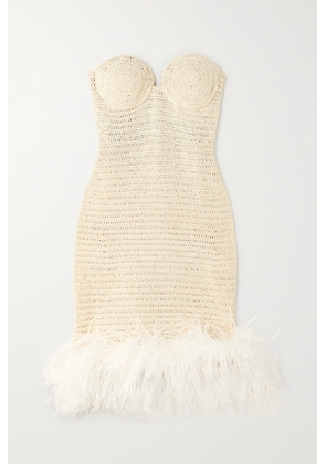 Magda Butrym - Strapless Feather-trimmed Crocheted Cotton-blend Mini Dress - Cream - FR34,FR36,FR38,FR40,FR42