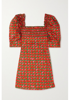 La DoubleJ - Ruffled Smocked Printed Cotton-blend Poplin Mini Dress - Red - xx small,x small,small,medium,large,x large,xx large