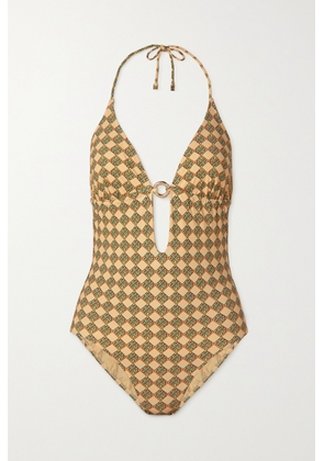 Tory Burch - Embellished Printed Halterneck Swimsuit - Green - x small,small,medium,large,x large