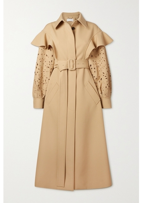 Chloé - Belted Ruffled Broderie Anglaise Wool Trench Coat - Neutrals - FR34,FR36,FR38,FR40