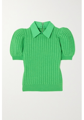 Alice + Olivia - Chase Poplin-trimmed Cable-knit Sweater - Green - x small,small,medium,large,x large