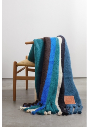 Loewe - Leather-trimmed Fringed Striped Mohair-blend Blanket - Blue - One size
