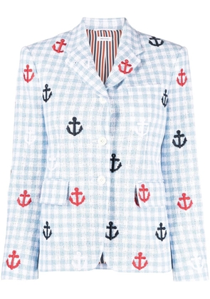 Thom Browne anchor-embroidered gingham bouclé blazer - Blue