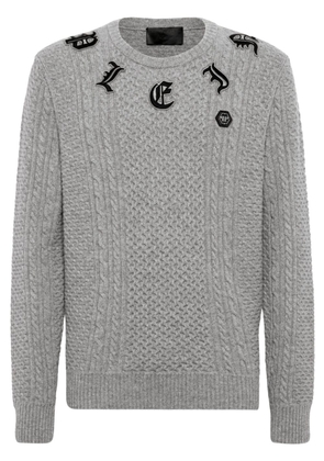 Philipp Plein logo-appliqué cable-knit jumper - Grey