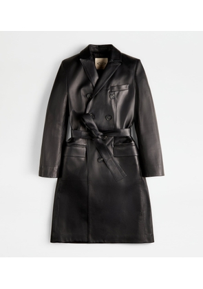 Tod's - Double-breasted Trench Coat in Leather, BLACK, 38 - Coat / Trench