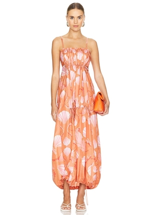 ADRIANA DEGREAS Seashell Frilled Long Dress in Coral. Size M, S.