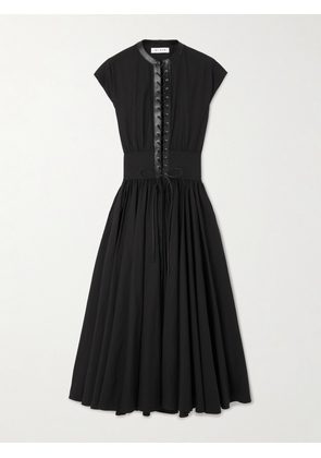 Alaïa - Belted Leather-trimmed Cotton Midi Dress - Black - FR34,FR36,FR38,FR40,FR42,FR44,FR46