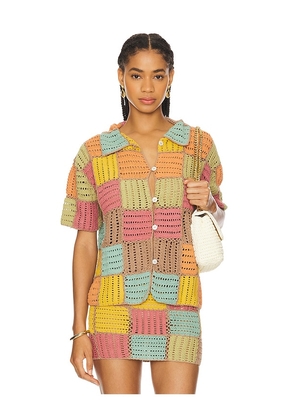 SHE MADE ME Edith Patchwork Shirt in Tan,Yellow. Size L, S, XL, XS.