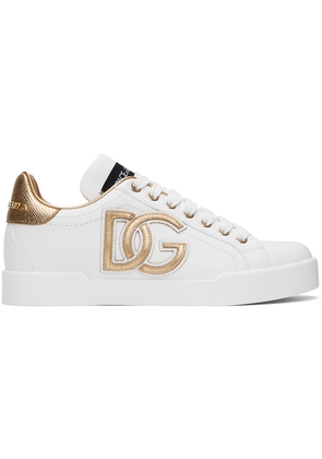 Dolce & Gabbana White & Gold Calfskin Portofino DG Logo Sneakers
