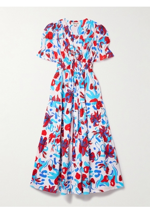 Diane von Furstenberg - Avery Gathered Tiered Floral-print Cotton-blend Poplin Midi Dress - Blue - x small,small,medium,large,x large
