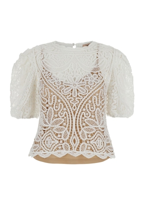 Twinset White Balloon-Sleeves Crochet Jumper In White Polyester
