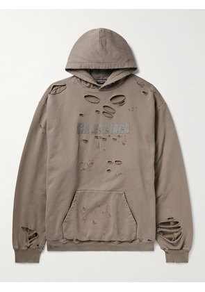 Balenciaga - Oversized Distressed Logo-Print Cotton-Jersey Hoodie - Men - Neutrals - XXS
