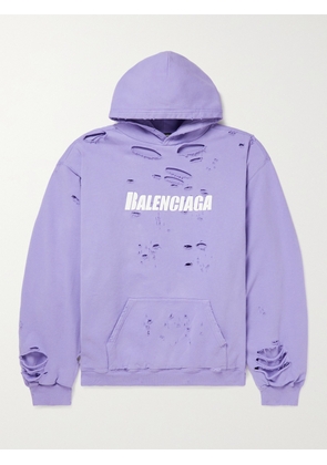 Balenciaga - Oversized Distressed Logo-Print Cotton-Jersey Hoodie - Men - Purple - XS