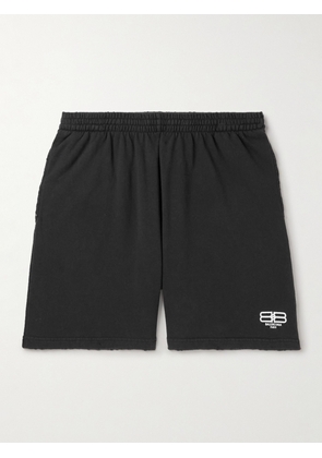 Balenciaga - BB Paris Wide-Leg Distressed Organic Cotton-Jersey Shorts - Men - Black - XXS