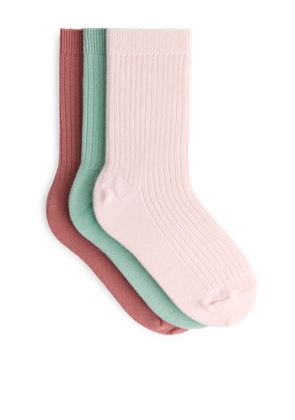 Rib Knit Socks, 3 Pairs - Pink