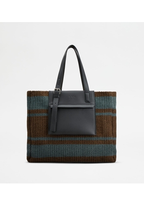 Tod's - Shopping Bag in Cord and Leather Medium, BLUE,BROWN,BLACK,  - Bags