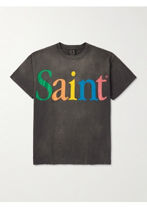 SAINT Mxxxxxx - Rainbow Logo-Print Distressed Cotton-Jersey T-Shirt - Men - Gray - S