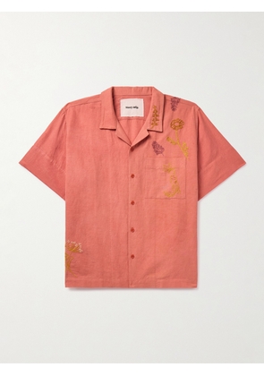 Story Mfg. - Greetings Logo-Embroidered Organic Cotton and Linen-Blend Shirt - Men - Pink - S
