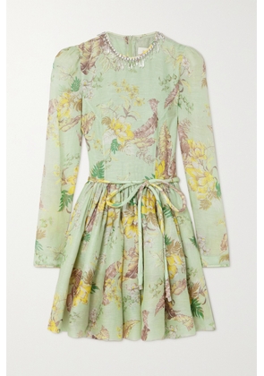 Zimmermann - Crystal-embellished Belted Floral-print Linen And Silk-blend Mini Dress - Green - 00,0,1,2,3,4