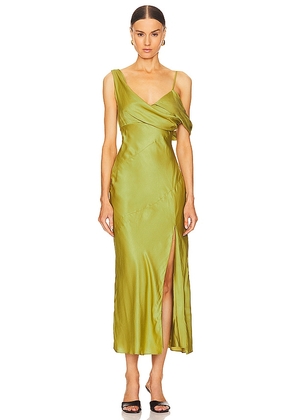 NICHOLAS Finley Asymmetrical Draped Midi Dress in Green. Size 4, 6, 8.