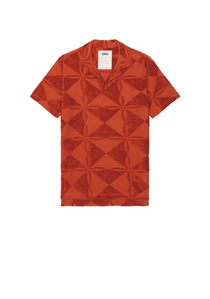 OAS Plateau Polo Terry Shirt in Brick. Size M, S, XL/1X.
