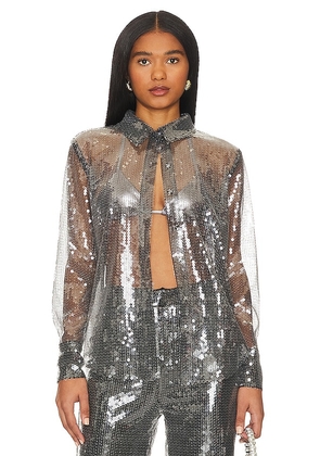 MORE TO COME Wyatt Button Down Top in Metallic Silver. Size XS.