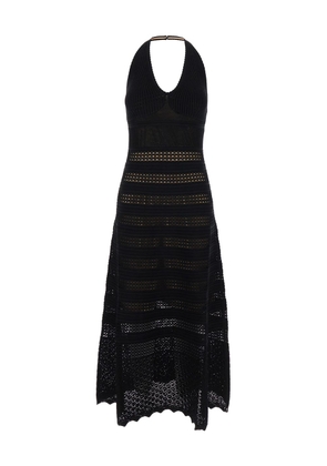 Twinset Long Black Perforated Dress With Halterneck In Viscose Blend Woman