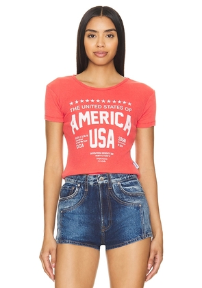 The Laundry Room Welcome To America Baby Rib Tee Shirt in Red. Size M, S, XL, XS.