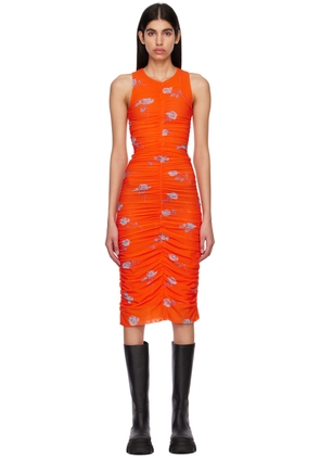 GANNI Orange Printed Ruched Midi Dress