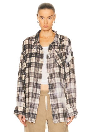 R13 Shredded Seam Drop Neck Shirt in Bleached Black & Beige Plaid - Black. Size S (also in XS).