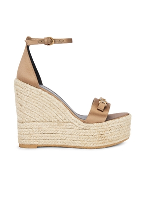 VERSACE Fabric Wedge Espadrille Sandal in Camel - Tan. Size 38.5 (also in 39.5, 40, 41).