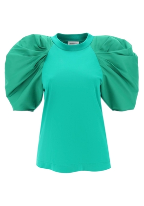Alexander mcqueen t-shirt with ruched balloon sleeves in poly faille - 40 Green