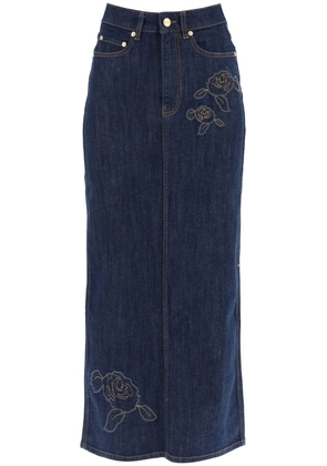 Ganni maxi denim skirt with pink embroidery - 36 Blue