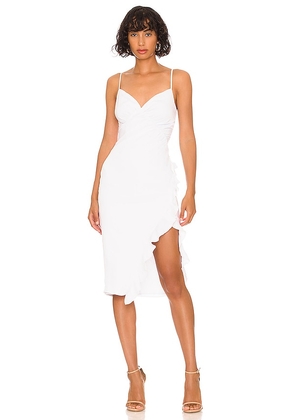 MORE TO COME Natasha Ruffle Midi Dress in White. Size XXS.