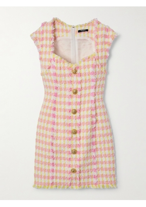 Balmain - Button-embellished Frayed Checked Cotton-blend Tweed Mini Dress - Pink - FR34,FR36,FR38,FR40,FR42,FR44