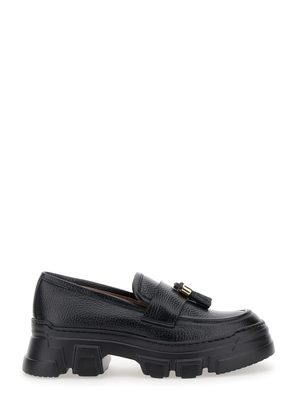Pollini Black Loafers With Tassel And Platform In Hammered Leather Woman