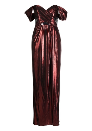Marchesa Notte sheer-panel off-shoulder gown - Red